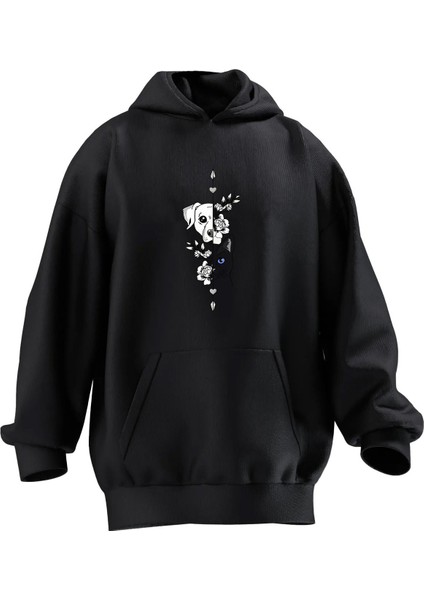 Unisex Premium Pamuk Siyah Yarım Yüz Köpek Baskılı 3 Iplik Kapüşonlu Sweatshirt