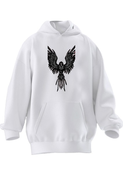 Unisex Premium Pamuk Beyaz Anka Kuşu Baskılı 3 Iplik Kapüşonlu Sweatshirt