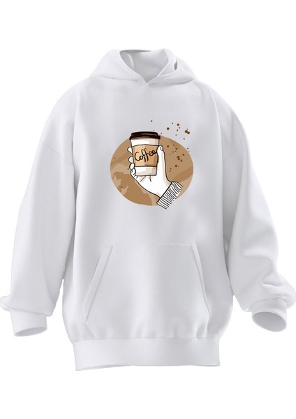 Unisex Premium Pamuk Beyaz Coffee El Baskılı 3 Iplik Kapüşonlu Sweatshirt