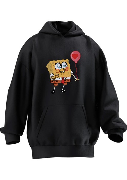 Unisex Premium Pamuk Siyah Balonlu Sünger Bob Baskılı 3 Iplik Kapüşonlu Sweatshirt