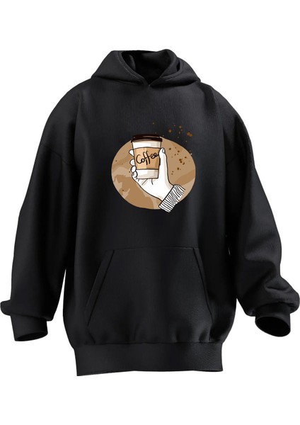 Unisex Premium Pamuk Siyah Coffee El Baskılı 3 Iplik Kapüşonlu Sweatshirt