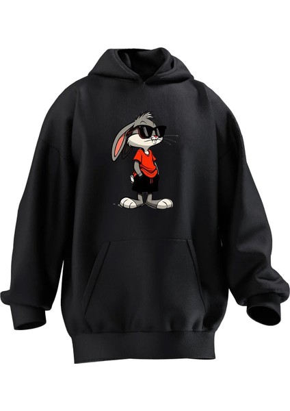 Unisex Premium Pamuk Siyah Gözlüklü Bugs Bunny Baskılı 3 Iplik Kapüşonlu Sweatshirt