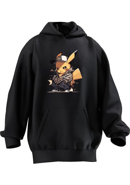 Unisex Premium Pamuk Siyah Pikachu Şapka Baskılı 3 Iplik Kapüşonlu Sweatshirt