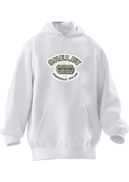 Unisex Premium Pamuk Beyaz Shelby Jilet Baskılı 3 Iplik Kapüşonlu Sweatshirt