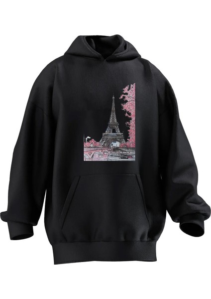 Unisex Premium Pamuk Siyah Eyfel Kulesi Pembe Ağaçlar Baskılı 3 Iplik Kapüşonlu Sweatshirt