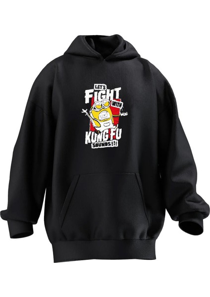 Unisex Premium Pamuk Siyah Fight Minyon Baskılı 3 Iplik Kapüşonlu Sweatshirt
