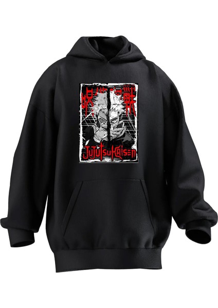 Unisex Premium Pamuk Siyah Jujutsu Baskılı 3 Iplik Kapüşonlu Sweatshirt
