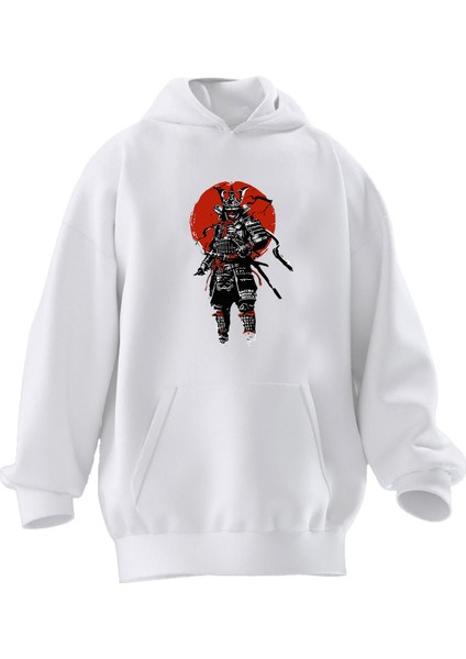 Unisex Premium Pamuk Beyaz Samuray Poster Kırmızı Dolunay Baskılı 3 Iplik Kapüşonlu Sweatshirt