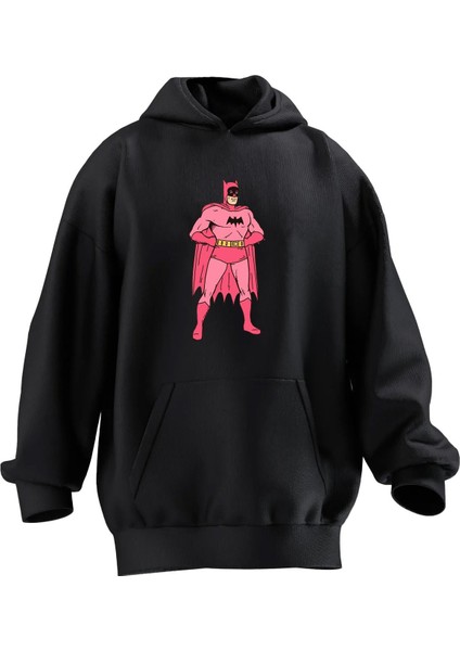 Unisex Premium Pamuk Siyah Batman Pembe Baskılı 3 Iplik Kapüşonlu Sweatshirt