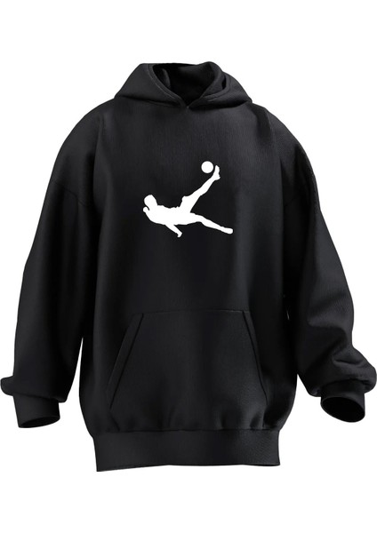 Unisex Premium Pamuk Siyah Futbol Röveşata Baskılı 3 Iplik Kapüşonlu Sweatshirt