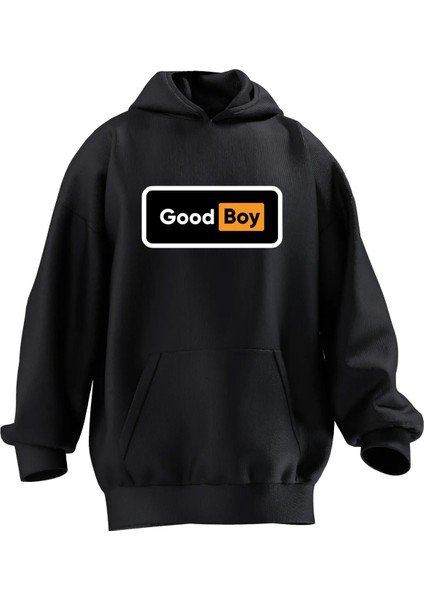Unisex Premium Pamuk Siyah Good Boy Baskılı 3 Iplik Kapüşonlu Sweatshirt