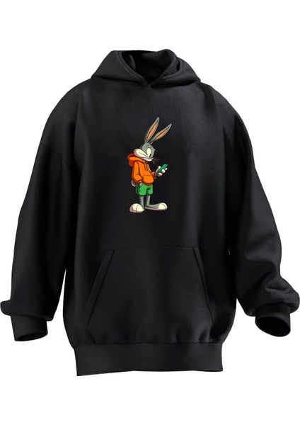Unisex Premium Pamuk Siyah Yeşil Şort Bugs Bunny Baskılı 3 Iplik Kapüşonlu Sweatshirt