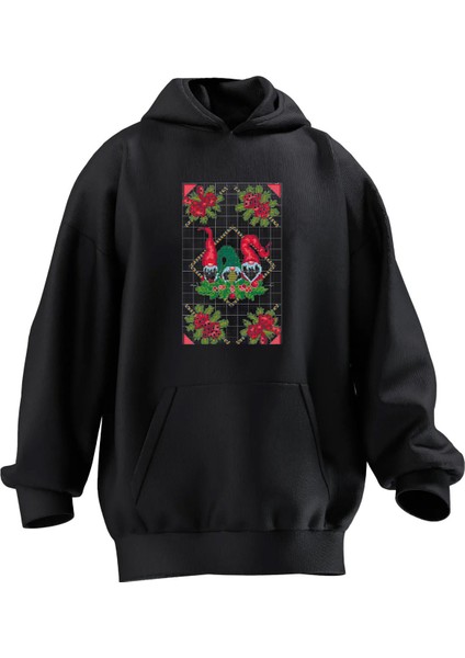 Unisex Premium Pamuk Siyah Yılbaşı Motif Baskılı 3 Iplik Kapüşonlu Sweatshirt