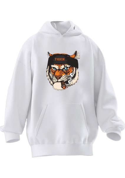 Unisex Premium Pamuk Beyaz Bandanalı Tiger Baskılı 3 Iplik Kapüşonlu Sweatshirt
