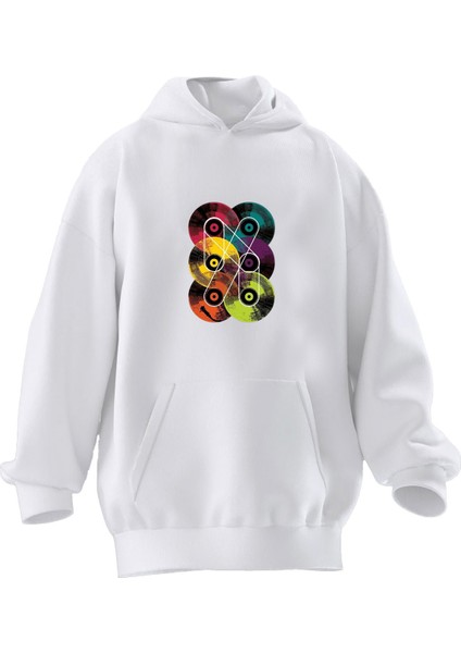 Unisex Premium Pamuk Beyaz CD Renkli Baskılı 3 Iplik Kapüşonlu Sweatshirt