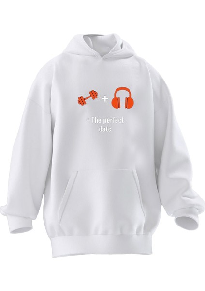 Unisex Premium Pamuk Beyaz Dumbell Kulaklık Baskılı 3 Iplik Kapüşonlu Sweatshirt