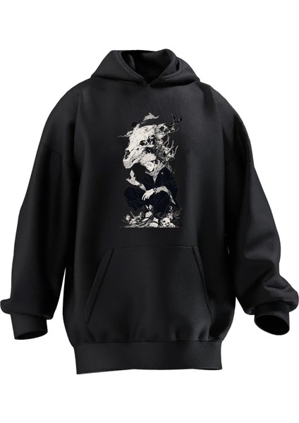 Unisex Premium Pamuk Siyah Boynuzlu Anime Poster Baskılı 3 Iplik Kapüşonlu Sweatshirt