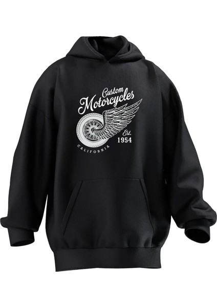 Unisex Premium Pamuk Siyah Custom Motor Baskılı 3 Iplik Kapüşonlu Sweatshirt