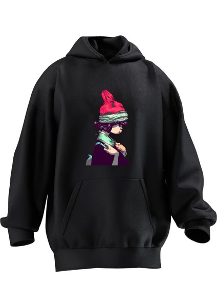 Unisex Premium Pamuk Siyah Kırmızı Başlıklı Kız Baskılı 3 Iplik Kapüşonlu Sweatshirt