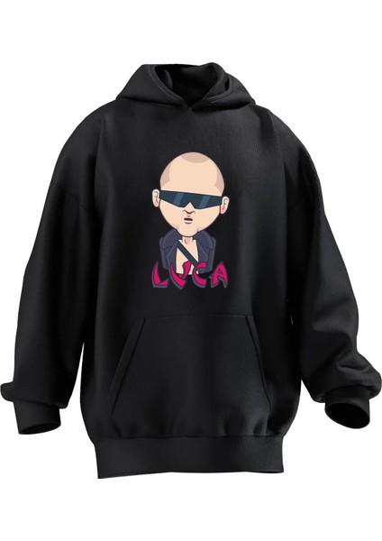 Unisex Premium Pamuk Siyah Luca Baskılı 3 Iplik Kapüşonlu Sweatshirt