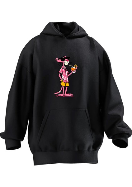 Unisex Premium Pamuk Siyah Portakal Pembe Panter Baskılı 3 Iplik Kapüşonlu Sweatshirt