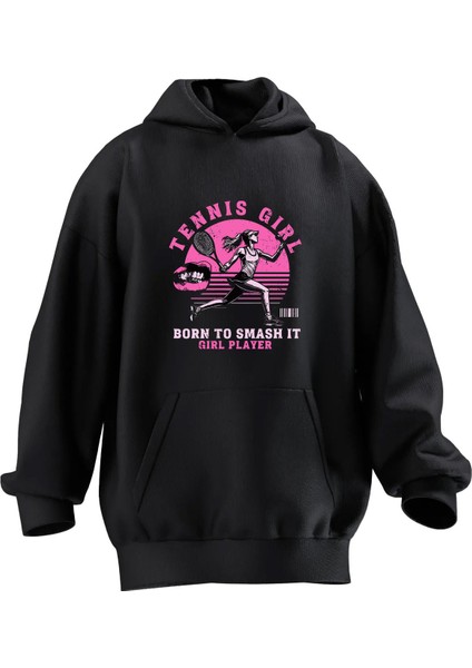 Unisex Premium Pamuk Siyah Tennis Girl Baskılı 3 Iplik Kapüşonlu Sweatshirt