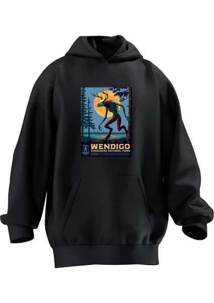 Unisex Premium Pamuk Siyah Wendigo Poster Baskılı 3 Iplik Kapüşonlu Sweatshirt