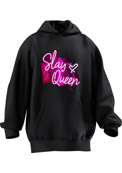Unisex Premium Pamuk Siyah Slay Quenn Baskılı 3 Iplik Kapüşonlu Sweatshirt