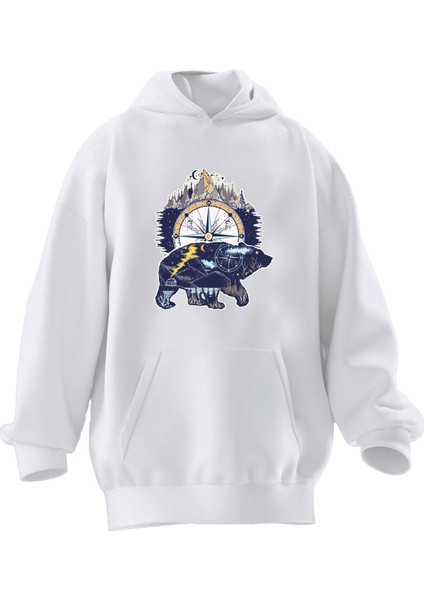 Unisex Premium Pamuk Beyaz Bear And Mountain Baskılı 3 Iplik Kapüşonlu Sweatshirt