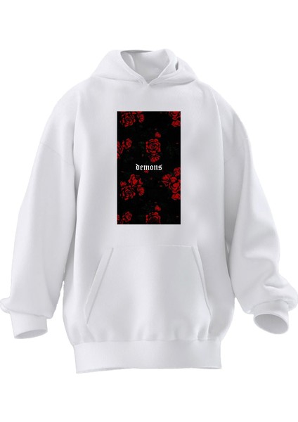 Unisex Premium Pamuk Beyaz Bemons Baskılı 3 Iplik Kapüşonlu Sweatshirt