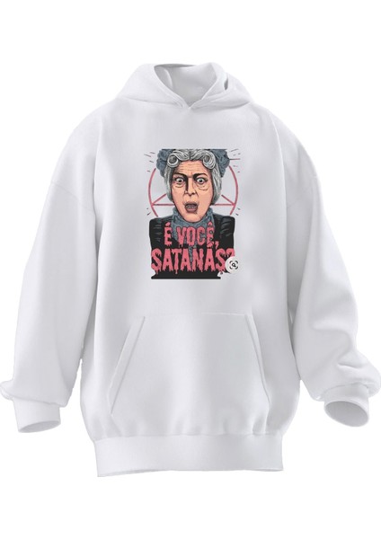 Unisex Premium Pamuk Beyaz Evoce Satana Baskılı 3 Iplik Kapüşonlu Sweatshirt