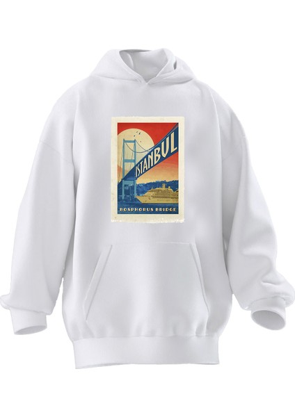 Unisex Premium Pamuk Beyaz Istanbul Desen Baskılı 3 Iplik Kapüşonlu Sweatshirt