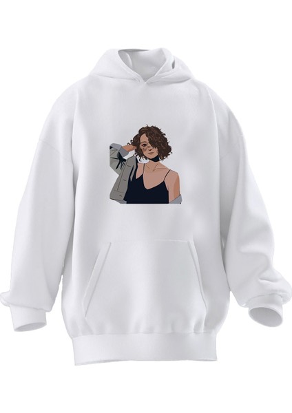 Unisex Premium Pamuk Beyaz Kıvırcık Genç Kız Baskılı 3 Iplik Kapüşonlu Sweatshirt