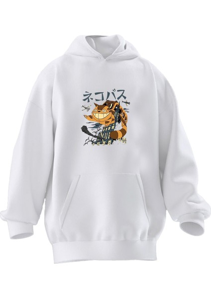 Unisex Premium Pamuk Beyaz Japon Kedi Sırıtkan Baskılı 3 Iplik Kapüşonlu Sweatshirt