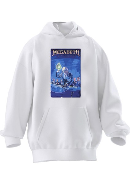 Unisex Premium Pamuk Beyaz Megadeth Yeşil Işık Poster Baskılı 3 Iplik Kapüşonlu Sweatshirt