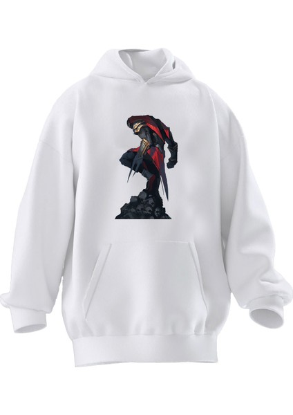 Unisex Premium Pamuk Beyaz Zed Poster Lol Baskılı 3 Iplik Kapüşonlu Sweatshirt