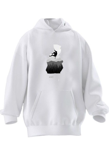 Unisex Premium Pamuk Beyaz Zirve Tırmanış Baskılı 3 Iplik Kapüşonlu Sweatshirt