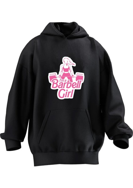 Unisex Premium Pamuk Siyah Barbell Girl Baskılı 3 Iplik Kapüşonlu Sweatshirt
