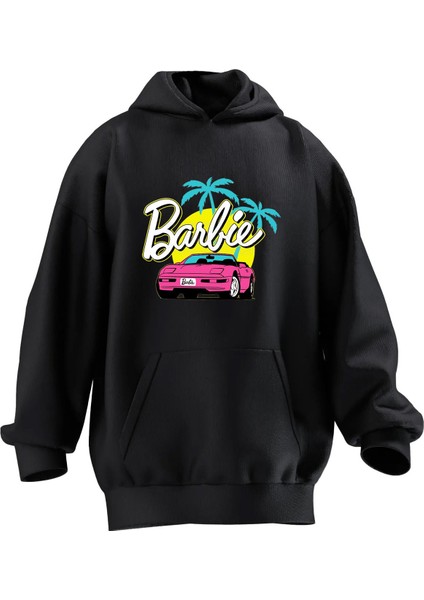 Unisex Premium Pamuk Siyah Barbie Araba Baskılı 3 Iplik Kapüşonlu Sweatshirt