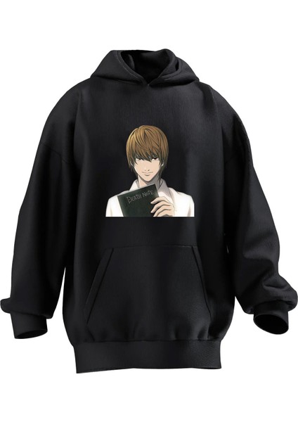 Unisex Premium Pamuk Siyah Death Note Baskılı 3 Iplik Kapüşonlu Sweatshirt