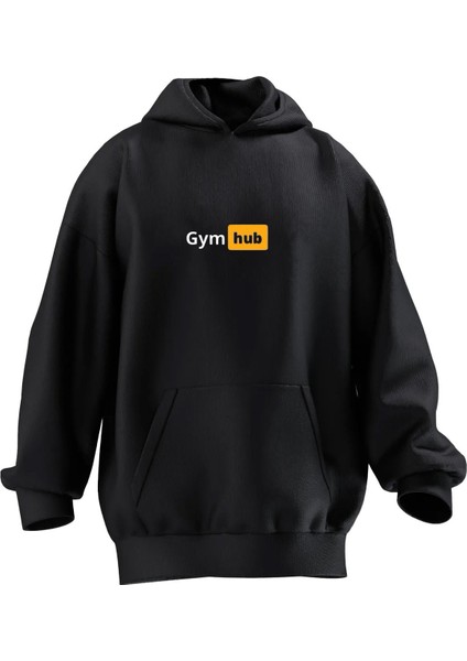 Unisex Premium Pamuk Siyah Gym Hub Baskılı 3 Iplik Kapüşonlu Sweatshirt