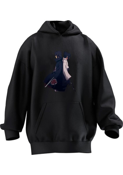 Unisex Premium Pamuk Siyah Ikili Erkek Anime Baskılı 3 Iplik Kapüşonlu Sweatshirt
