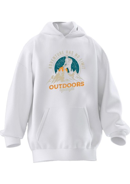 Unisex Premium Pamuk Beyaz Adventure No Limit Baskılı 3 Iplik Kapüşonlu Sweatshirt