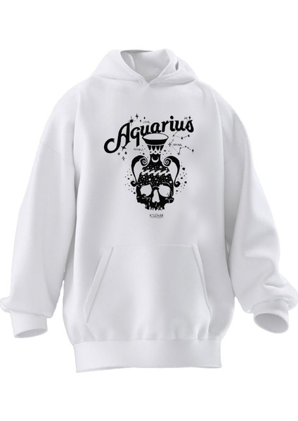 Unisex Premium Pamuk Beyaz Aquarius Vazo Baskılı 3 Iplik Kapüşonlu Sweatshirt
