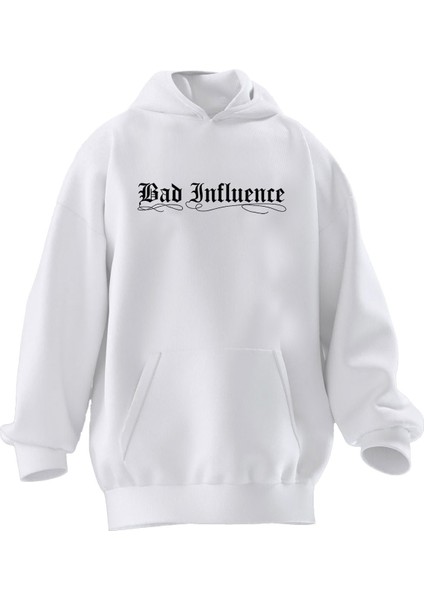 Unisex Premium Pamuk Beyaz Badınfluence Baskılı 3 Iplik Kapüşonlu Sweatshirt