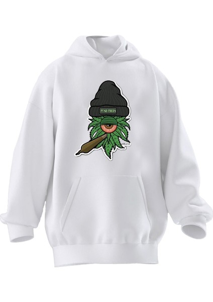 Unisex Premium Pamuk Beyaz Bereli Yeşillik Baskılı 3 Iplik Kapüşonlu Sweatshirt