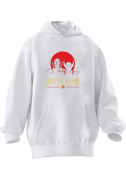 Unisex Premium Pamuk Beyaz Deadpool Wolwerine Çizim Baskılı 3 Iplik Kapüşonlu Sweatshirt