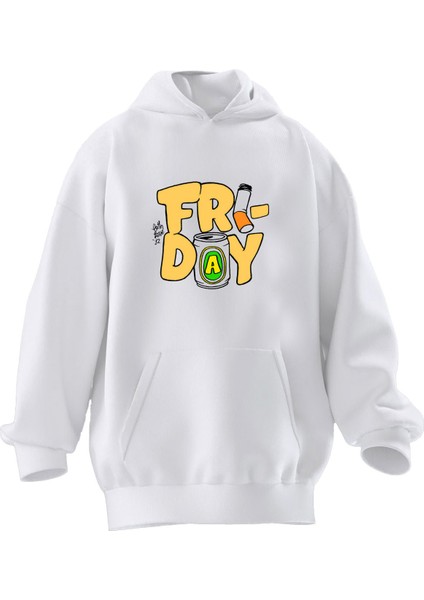 Unisex Premium Pamuk Beyaz Friday Baskılı 3 Iplik Kapüşonlu Sweatshirt