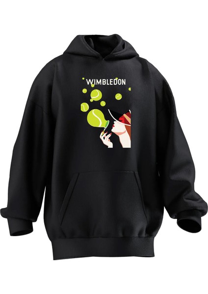 Unisex Premium Pamuk Siyah Wimbledon Baskılı 3 Iplik Kapüşonlu Sweatshirt