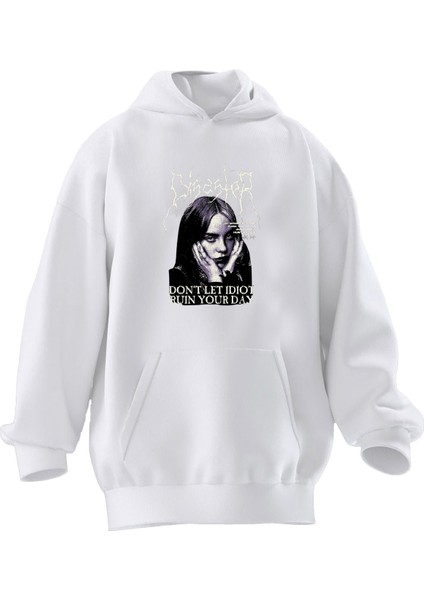 Unisex Premium Pamuk Beyaz Bisaster Baskılı 3 Iplik Kapüşonlu Sweatshirt